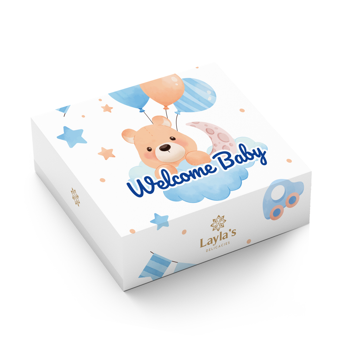 Baby shower favor box for boys | Blue sleeve with 3 bite-sized vegan treats