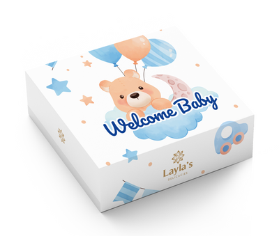 Baby shower favor box for boys | Blue sleeve with 3 bite-sized vegan treats