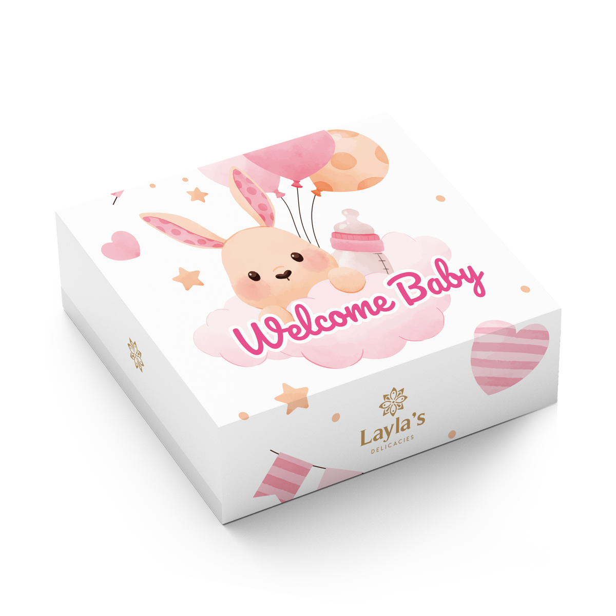 Baby shower favor box for girls | Pink sleeve with 3 handcrafted vegan treats.