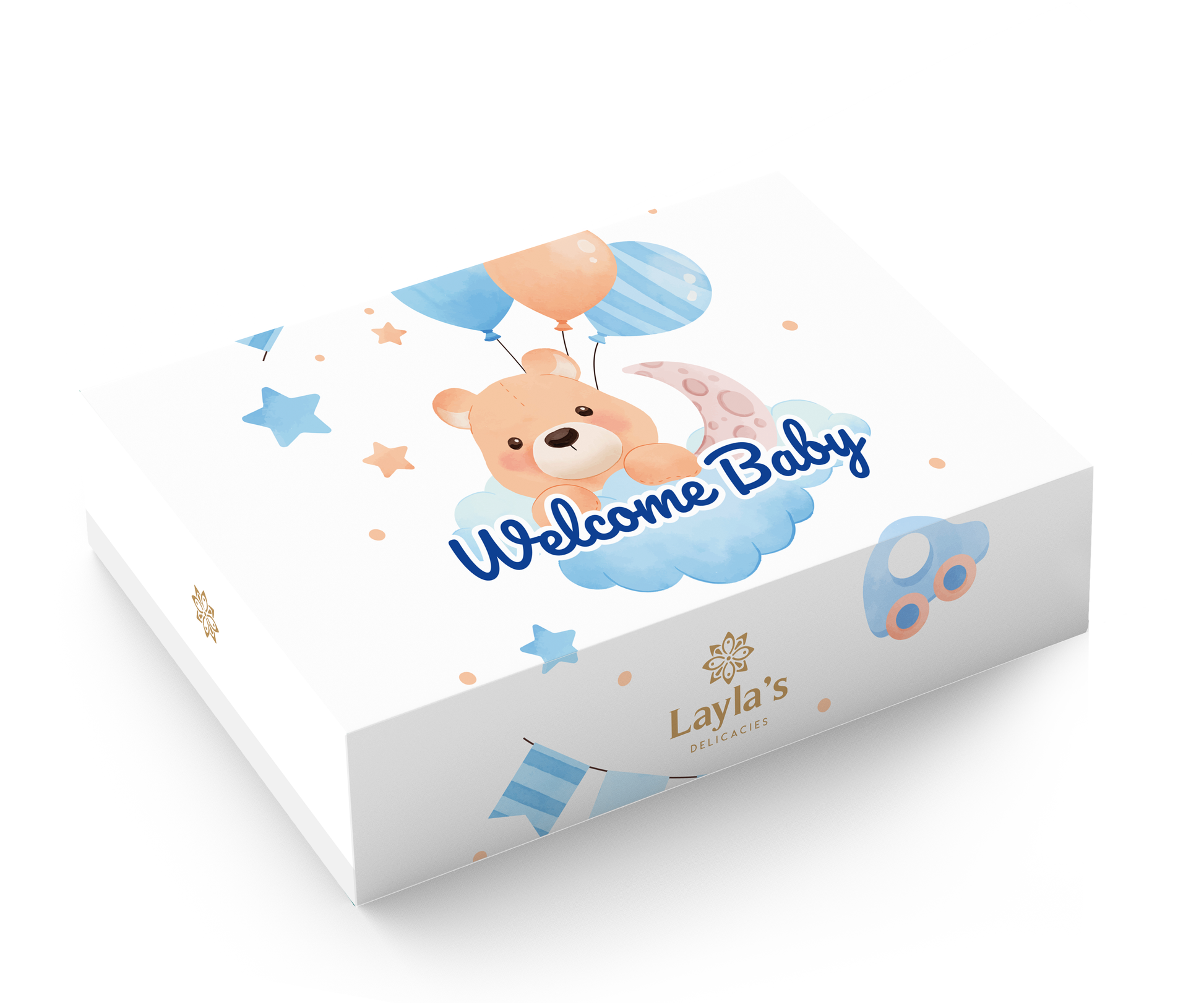 Baby shower favor box for boys | Blue sleeve with 5 bite-sized vegan treats.